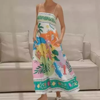 Летнее пляжное платье макси на бретельках с открытой спиной, без рукавов, с мультяшным принтом, свободные боковые карманы, трапециевидной формы, большой подол S разноцветный