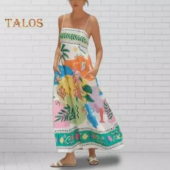 Летнее пляжное платье макси на тонких бретелях без рукавов с открытой спиной и мультяшным принтом, свободные боковые карманы, платье-комбинация трапециевидной формы с большим подолом, отпускной сарафан S разноцветный