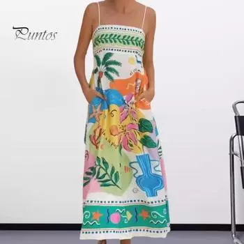 Летнее пляжное платье макси на тонких бретелях без рукавов с открытой спиной и мультяшным принтом, свободные боковые карманы, платье-комбинация трапециевидной формы с большим подолом, отпускной сарафан S разноцветный