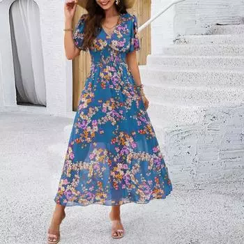 Летнее пляжное платье макси женское длинное платье с цветочным принтом в стиле бохо повседневное сексуальное вечернее платье с v-образным вырезом S синий