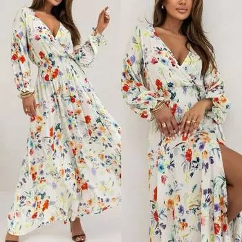 Летнее пляжное платье макси женское длинное шифоновое платье с цветочным принтом в стиле бохо с оборками и запахом повседневное сексуальное вечернее платье с v-образным вырезом и разрезом Robe Femme S белый