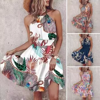 Летнее пляжное платье с цветочным принтом Холтер с открытыми плечами, трапециевидной формы без рукавов, свободный подол, эластичная узкая талия, лоскутное мини-платье с открытой спиной для отдыха M синий