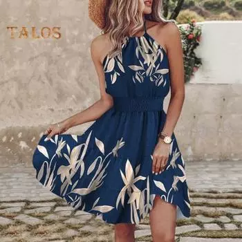 Летнее пляжное платье с цветочным принтом Холтер с открытыми плечами, трапециевидной формы без рукавов, свободный подол, эластичная узкая талия, лоскутное мини-платье с открытой спиной для отдыха M светло-фиолетовый