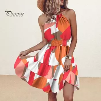 Летнее пляжное платье с цветочным принтом Холтер с открытыми плечами, трапециевидной формы без рукавов, свободный подол, эластичная узкая талия, лоскутное мини-платье с открытой спиной для отдыха M светло-фиолетовый