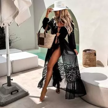 Летнее пляжное платье с длинным рукавом, женское кружевное открытое свободное праздничное солнцезащитное платье, V-образный вырез, прозрачное длинное платье-рубашка на шнуровке 269 S чёрный