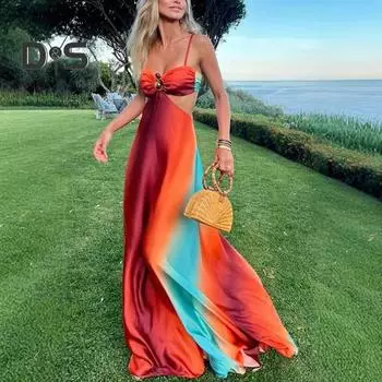Летнее пляжное платье с глубоким вырезом на талии, открытой спиной, без рукавов, ажурное платье-комбинация для отпуска, контрастного цвета, платье-макси А-силуэта S разноцветный
