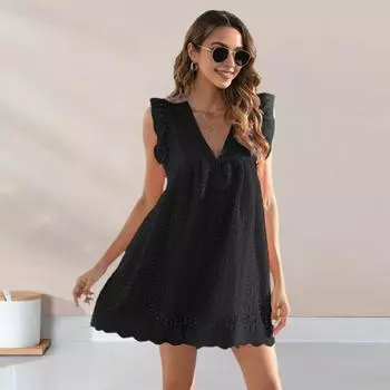 Летнее пляжное платье с летающими рукавами, сплошной цвет, кружевная аппликация, V-образный вырез, свободный XL светло-синий