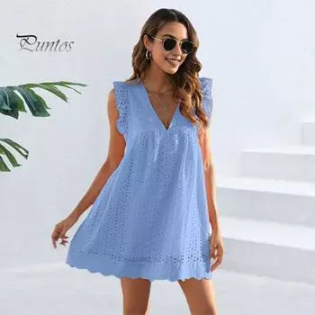 Летнее пляжное платье с развевающимися рукавами, сплошное цветное кружевное аппликация, V-образный вырез, свободное плиссированное двухслойное женское мини-платье длиной выше колена XL светло-синий