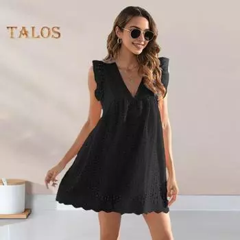 Летнее пляжное платье с развевающимися рукавами, сплошное цветное кружевное аппликация, V-образный вырез, свободное плиссированное двухслойное женское мини-платье длиной выше колена XL светло-синий