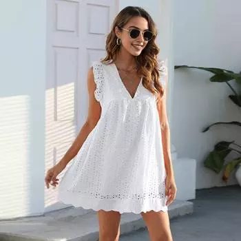 Летнее пляжное платье с развевающимися рукавами, сплошное цветное кружевное аппликация, V-образный вырез, свободное плиссированное двухслойное женское мини-платье длиной выше колена XL светло-синий