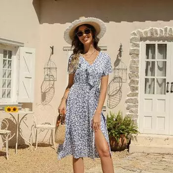 Летнее пляжное платье с рюшами и рюшами и леопардовым принтом, летним рукавом и высокой талией, S-XXL S хаки