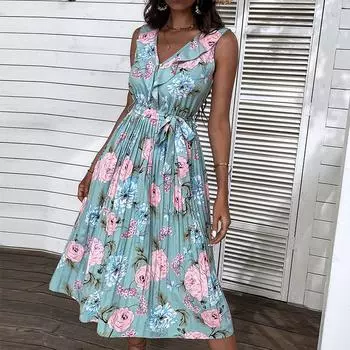 Летнее пляжное платье с V-образным вырезом и высокой талией без рукавов, синее, с рюшами и цветочным принтом, шикарное платье на бретельках, синее, черное XXL чёрный