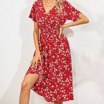 Летнее пляжное платье с V-образным вырезом и воротником, высокая талия, платья в стиле бохо с цветочным принтом, платье с напечатанным подолом для отпуска XL красный