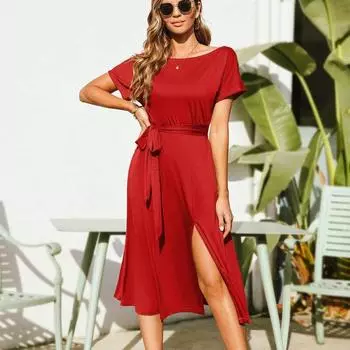 Летнее пляжное платье с вырезом-лодочкой, женское элегантное однотонное свободное повседневное платье с открытыми плечами и коротким рукавом, на шнуровке, женское платье 25272 S орион