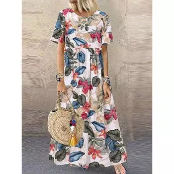 Летнее пляжное платье в стиле бохо для женщин с коротким рукавом и цветочным принтом, длинный сарафан, повседневное праздничное макси-платье, халат Femme 2024 M жёлтый