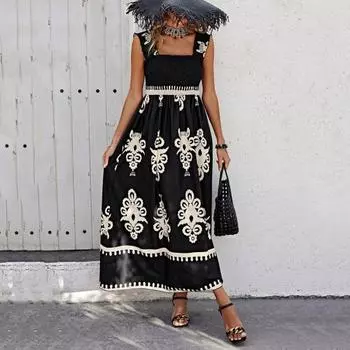 Летнее пляжное платье Yousheng Lady с эластичной талией, без рукавов, присборенным принтом, А-силуэтом, большим подолом, контрастным цветным принтом, открытой спиной, плиссированное платье-макси для отпуска S абрикосовый