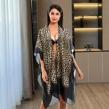 Летнее пляжное пончо с принтом солнцезащитного крема Свободный быстросохнущий купальник Прикрытие Открытая пляжная одежда Кардиган Нерегулярный отдых Бикини средней длины Шаль для купания чёрный