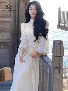 Летнее пляжное праздничное длинное платье Y2k с оборками, винтажное офисное женское повседневное элегантное праздничное платье с длинными рукавами, корейская одежда S