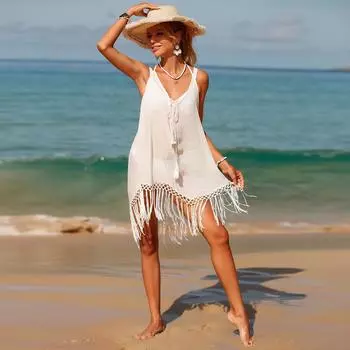 Летнее пляжное прикрытие: Бикини-платье с кисточками и тонкими бретельками, однотонная праздничная юбка One Size светло-зеленый