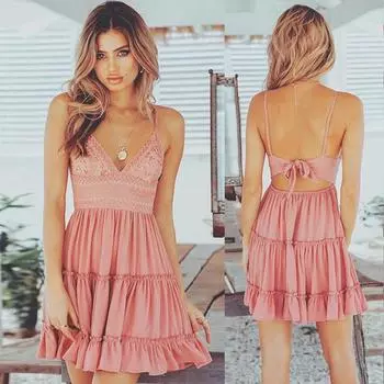Летнее пляжное сексуальное белое кружевное платье на бретельках Womem Модное элегантное платье с открытой спиной и бантом на шнуровке Женское платье больших размеров трапециевидной формы для вечеринки с V-образным вырезом Короткие платья 800 S розовый