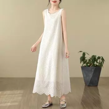 Летнее плюс художественное однотонное ажурное платье средней длины без рукавов для женщин L белый