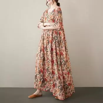 Летнее Плюс Художественное Ретро Свободное Уменьшающее Возраст Круглый Вырез Короткие Рукава Платье С Большим Размахом Для Женщин Повседневные Платья M