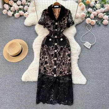 Летнее подиумное кружевное платье-карандаш с вышивкой, женские золотистые однобортные длинные макси-платья с короткими рукавами и вырезом L чёрный