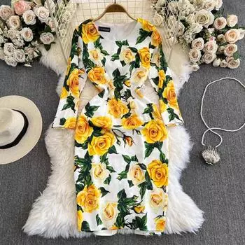 Летнее подиумное модное облегающее платье с принтом розы, женское праздничное платье с круглым вырезом и рукавами 3/4, элегантные вечерние платья миди с разрезом XL красный