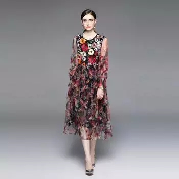 Летнее подиумное модное сетчатое платье с цветочной вышивкой, женские винтажные роскошные вечерние платья миди с длинными рукавами S красный