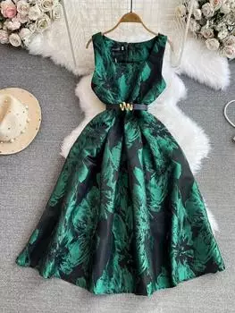 Летнее подиумное жаккардовое платье с цветочным принтом, женское без рукавов с круглым вырезом, майка на молнии с поясом, карманное дизайнерское бальное платье, вечерние платья миди S зелёный
