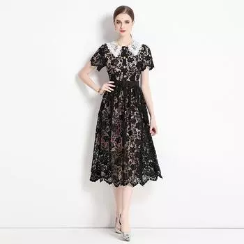 Летнее подиумное женское кружевное ажурное платье с вышивкой, роскошное золотистое платье на пуговицах с воротником Питера Пэна и поясом с короткими рукавами, вечерние платья миди M чёрный