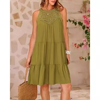 Летнее полое кружевное платье без рукавов Женская мода Свободное однотонное вечернее белое платье с рюшами Элегантное повседневные короткие платья трапециевидной формы больших размеров 770 M оливковый