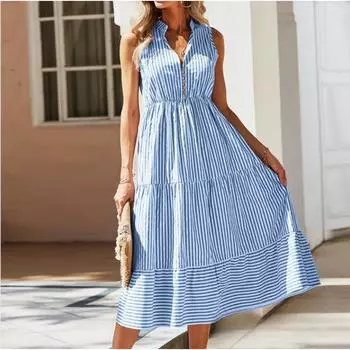 Летнее полосатое платье без рукавов с V-образным вырезом и эластичной талией, большие свободные платья для женщин, повседневные платья S серый