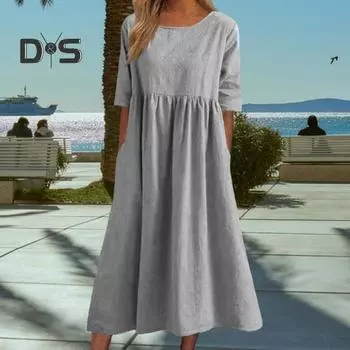 Летнее повседневное хлопковое платье с короткими рукавами и карманами свободного покроя с круглым вырезом, однотонное плиссированное женское среднее платье для офиса, повседневной вечеринки L светло-синий