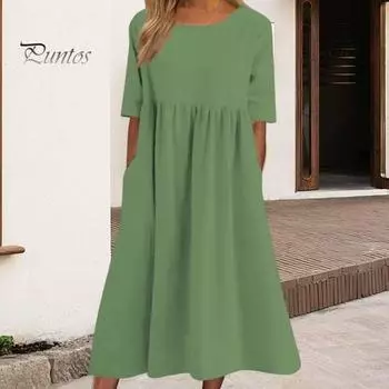 Летнее повседневное хлопковое платье с короткими рукавами и карманами свободного покроя с круглым вырезом, однотонное плиссированное женское среднее платье для офиса, повседневной вечеринки L розовый