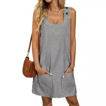 Летнее повседневное и модное женское платье с круглым вырезом, карманом, полосатым комбинезоном на пуговицах S чёрный