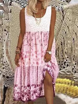 Летнее повседневное короткое платье без рукавов с принтом, женское милое элегантное свободное лоскутное платье, женская мода, шикарная уличная пляжная одежда для вечеринок S розовый