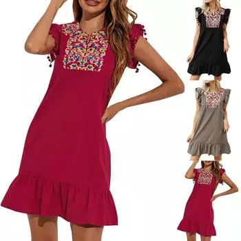 Летнее повседневное однотонное короткое платье без рукавов с вышивкой для миниатюрных размеров L чёрный