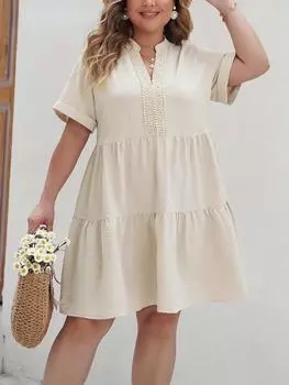 Летнее повседневное однотонное натуральное платье с V-образным вырезом Женская мода Винтаж Плюс размер платья с короткими рукавами Женский дизайн Chic A Word Свободная одежда 2024 Новый XL абрикосовый