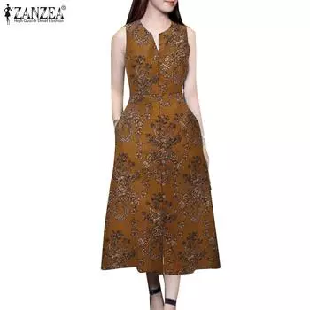 Летнее повседневное платье без рукавов из хлопка с принтом ZANZEA S темно-синий