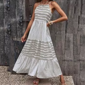 Летнее повседневное платье без рукавов с круглым вырезом, женское полосатое офисное платье с принтом, женское длинное платье, женское элегантное платье трапециевидной формы с лямкой на шее, женская одежда 24360 S серый