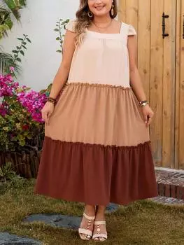 Летнее повседневное платье больших размеров с квадратным вырезом, женское винтажное платье без рукавов в стиле пэчворк, женские Эстетические шикарные свободные платья с открытыми плечами XL бежевый