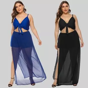 Летнее повседневное платье больших размеров с v-образным вырезом для женщин, сетчатое однотонное платье, женское сексуальное платье-блузка спереди, свободные платья без рукавов с высокой талией, пляжное платье L чёрный