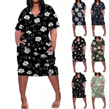 Летнее повседневное платье больших размеров с V-образным вырезом и коротким рукавом, карманом на колене для женщин XXXXL