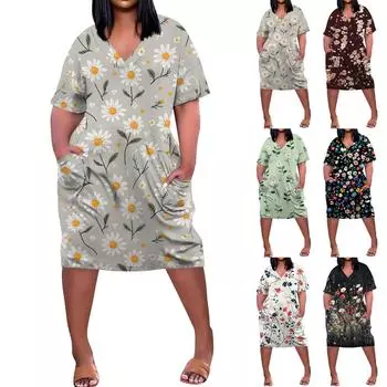 Летнее повседневное платье больших размеров с V-образным вырезом и коротким рукавом, карманом на колене для женщин XL коричневый