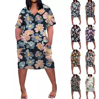 Летнее повседневное платье больших размеров с V-образным вырезом и коротким рукавом, карманом на колене для женщин XL белый