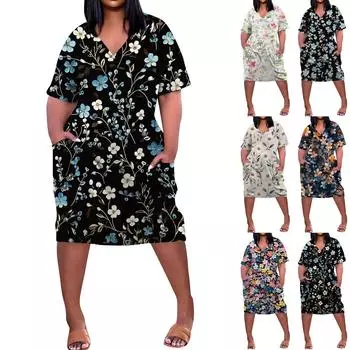 Летнее повседневное платье больших размеров с V-образным вырезом и коротким рукавом, карманом на колене для женщин L чёрный