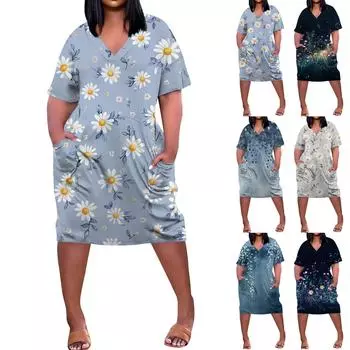 Летнее повседневное платье больших размеров с V-образным вырезом и коротким рукавом, карманом на колене для женщин XXXXL