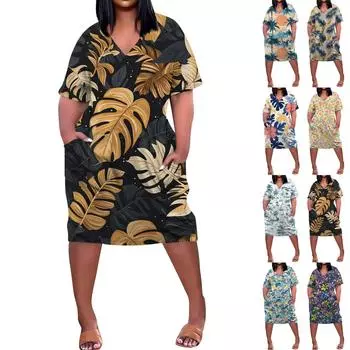 Летнее повседневное платье больших размеров с V-образным вырезом и коротким рукавом, карманом на колене для женщин L фиолетовый
