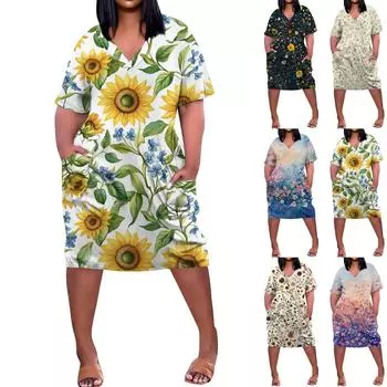 Летнее повседневное платье больших размеров с V-образным вырезом и коротким рукавом, карманом на колене для женщин XXL